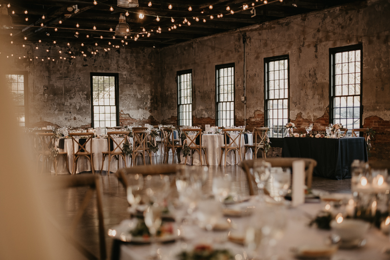 Magical wedding reception decor by Scentsational Florals, Linwoods Catering, and 1423 Events at the Mt. Washington Mill Dye House in Baltimore, Maryland by Britney Clause Photography