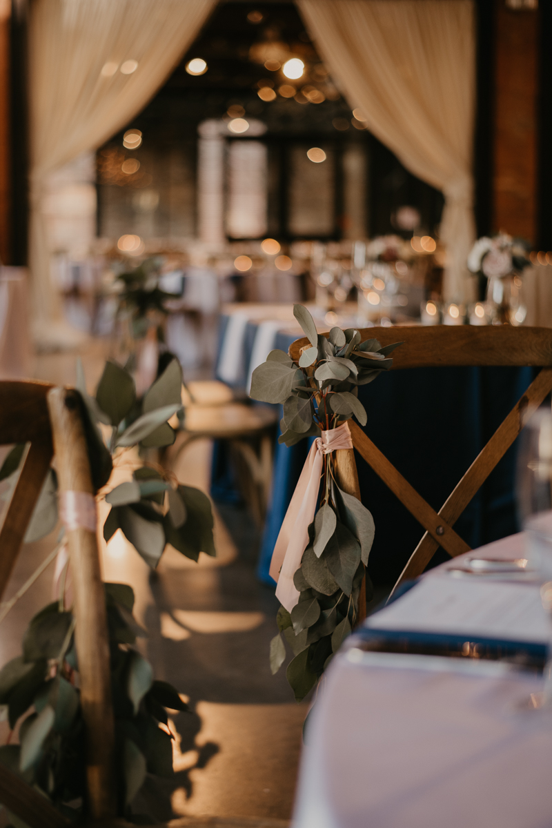 Magical wedding reception decor by Scentsational Florals, Linwoods Catering, and 1423 Events at the Mt. Washington Mill Dye House in Baltimore, Maryland by Britney Clause Photography