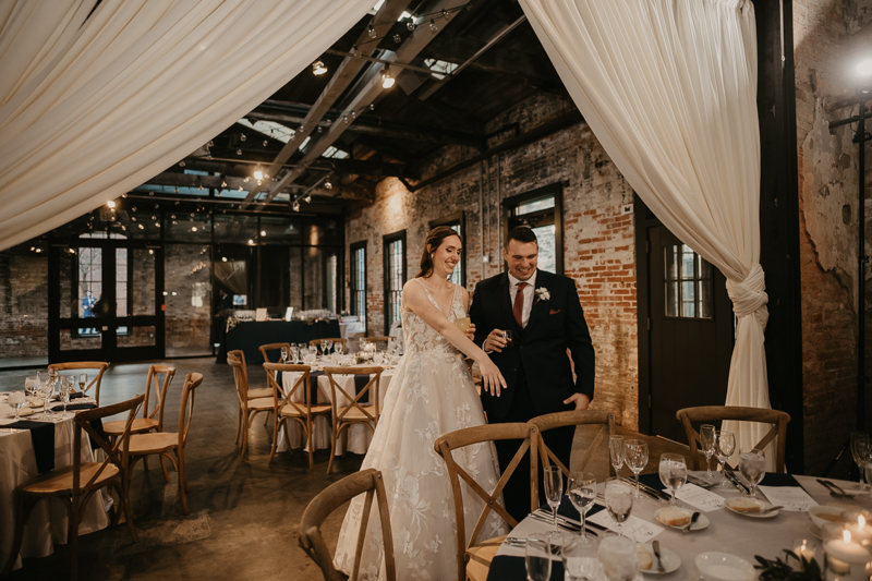 Magical wedding reception decor by Scentsational Florals, Linwoods Catering, and 1423 Events at the Mt. Washington Mill Dye House in Baltimore, Maryland by Britney Clause Photography