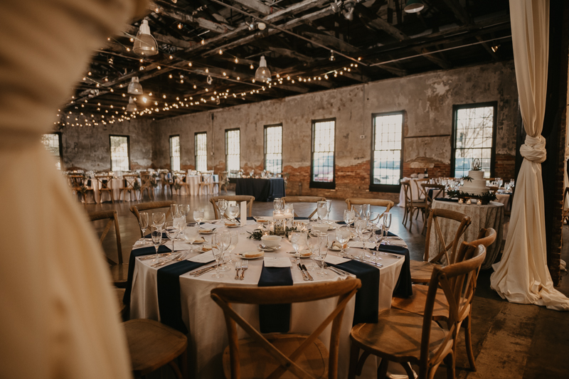 Magical wedding reception decor by Scentsational Florals, Linwoods Catering, and 1423 Events at the Mt. Washington Mill Dye House in Baltimore, Maryland by Britney Clause Photography