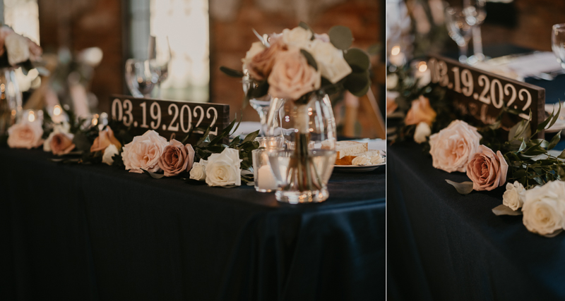 Magical wedding reception decor by Scentsational Florals, Linwoods Catering, and 1423 Events at the Mt. Washington Mill Dye House in Baltimore, Maryland by Britney Clause Photography