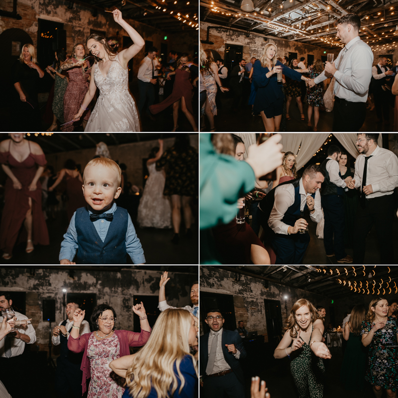 A bright and light filled evening wedding reception by District Remix DJs at the Mt. Washington Mill Dye House in Baltimore, Maryland by Britney Clause Photography