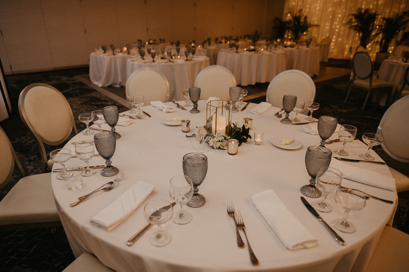 Gorgeous waterfront wedding reception decor at the Annapolis Waterfront Hotel in Annapolis, Maryland by Britney Clause Photography