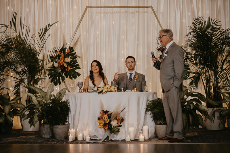 A stunning waterfront wedding reception at the Annapolis Waterfront Hotel in Annapolis, Maryland by Britney Clause Photography