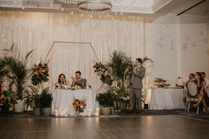 A stunning waterfront wedding reception at the Annapolis Waterfront Hotel in Annapolis, Maryland by Britney Clause Photography