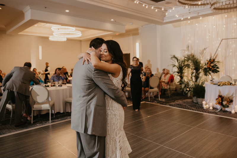 A stunning waterfront wedding reception at the Annapolis Waterfront Hotel in Annapolis, Maryland by Britney Clause Photography