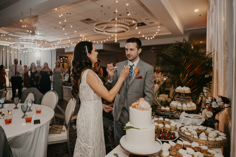 An exciting evening wedding reception by Toussaint Productions at the Annapolis Waterfront Hotel in Annapolis, Maryland by Britney Clause Photography