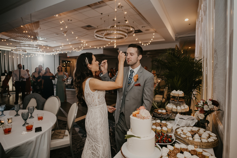 An exciting evening wedding reception by Toussaint Productions at the Annapolis Waterfront Hotel in Annapolis, Maryland by Britney Clause Photography