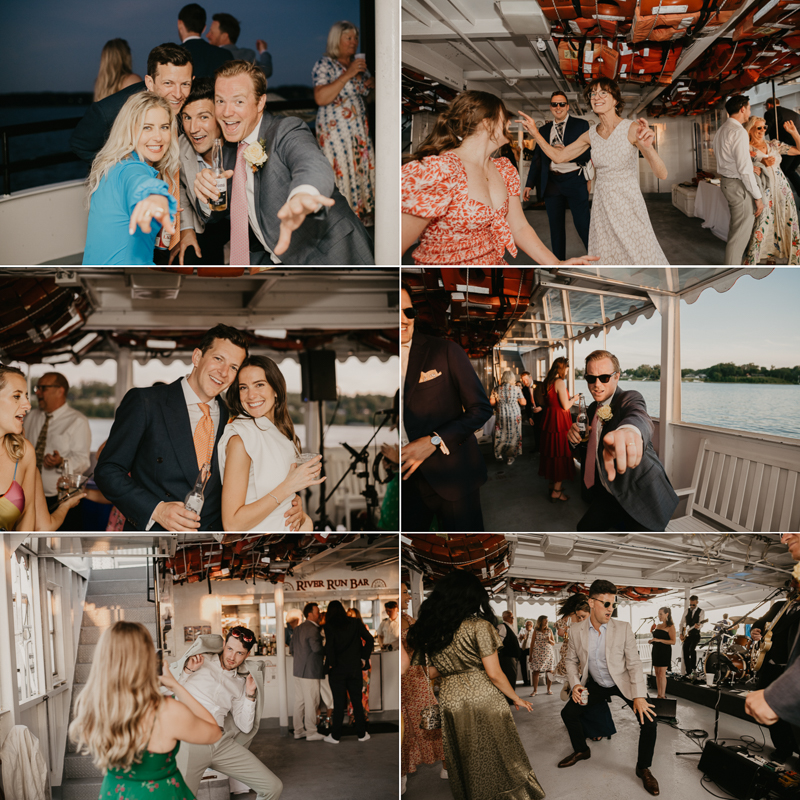 An exciting evening wedding reception by Watershed Entertainment and Timmie Metz Band on the Harbor Queen boat in Annapolis, Maryland by Britney Clause Photography