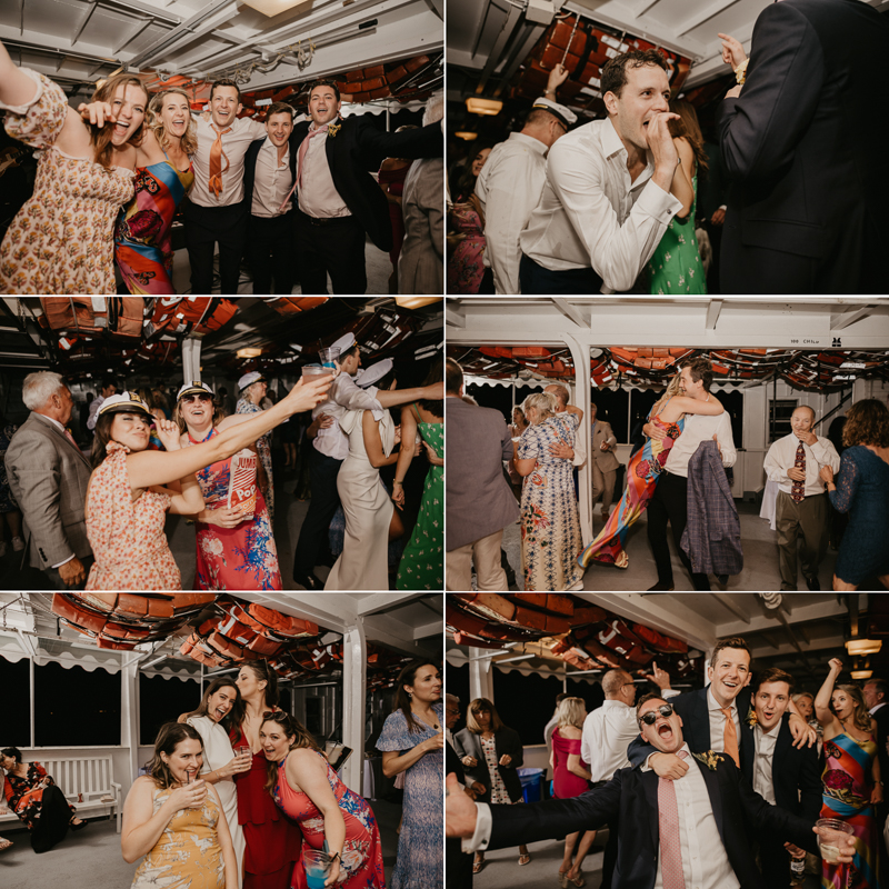 An exciting evening wedding reception by Watershed Entertainment and Timmie Metz Band on the Harbor Queen boat in Annapolis, Maryland by Britney Clause Photography