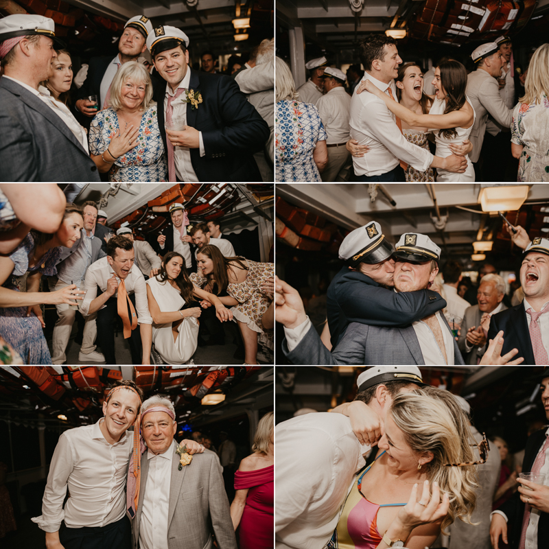 An exciting evening wedding reception by Watershed Entertainment and Timmie Metz Band on the Harbor Queen boat in Annapolis, Maryland by Britney Clause Photography