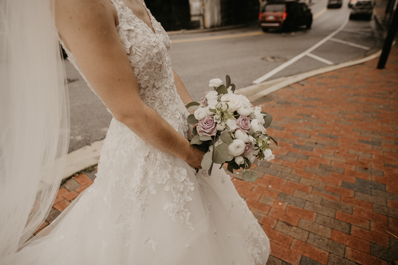 Gorgeous bridal bouquet by Rhonda Kaplan Floral Design at Main Street Ballroom in Ellicott City, Maryland by Britney Clause Photography