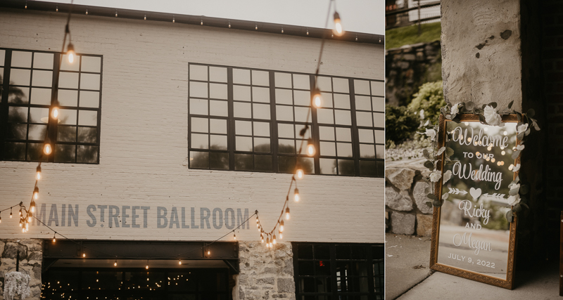 Gorgeous industrial wedding reception decor at Main Street Ballroom in Ellicott City, Maryland by Britney Clause Photography