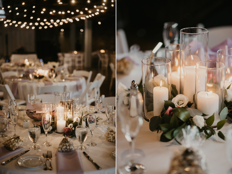 Gorgeous industrial wedding reception decor at Main Street Ballroom in Ellicott City, Maryland by Britney Clause Photography