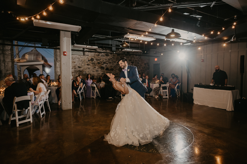 An exciting evening wedding reception by DJ Drew Albins from BMore for the Record at Main Street Ballroom in Ellicott City, Maryland by Britney Clause Photography