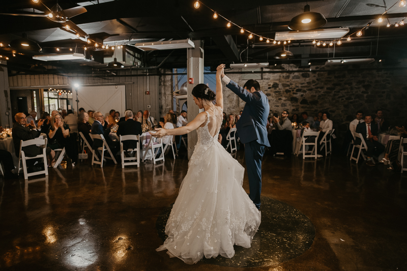 An exciting evening wedding reception by DJ Drew Albins from BMore for the Record at Main Street Ballroom in Ellicott City, Maryland by Britney Clause Photography