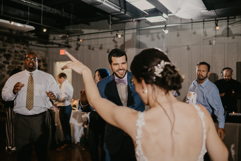 An exciting evening wedding reception by DJ Drew Albins from BMore for the Record at Main Street Ballroom in Ellicott City, Maryland by Britney Clause Photography