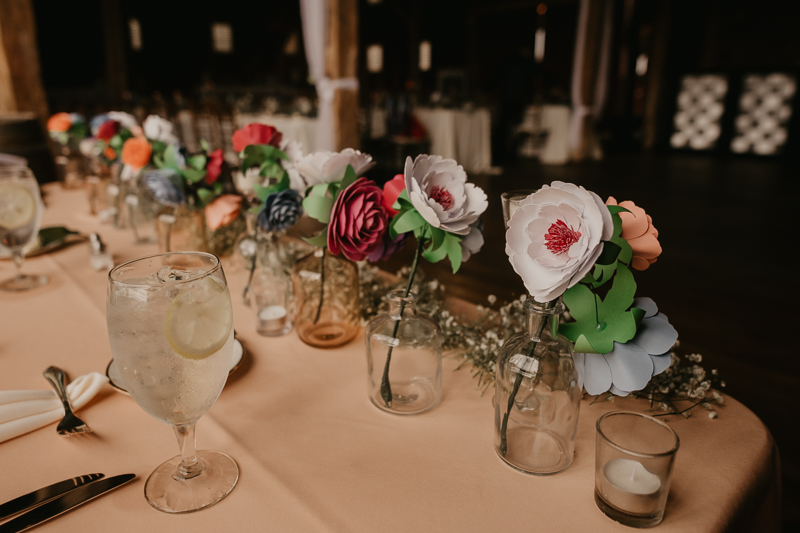 Gorgeous rustic paper flower wedding reception decor at Dulany's Overlook in Frederick, Maryland by Britney Clause Photography