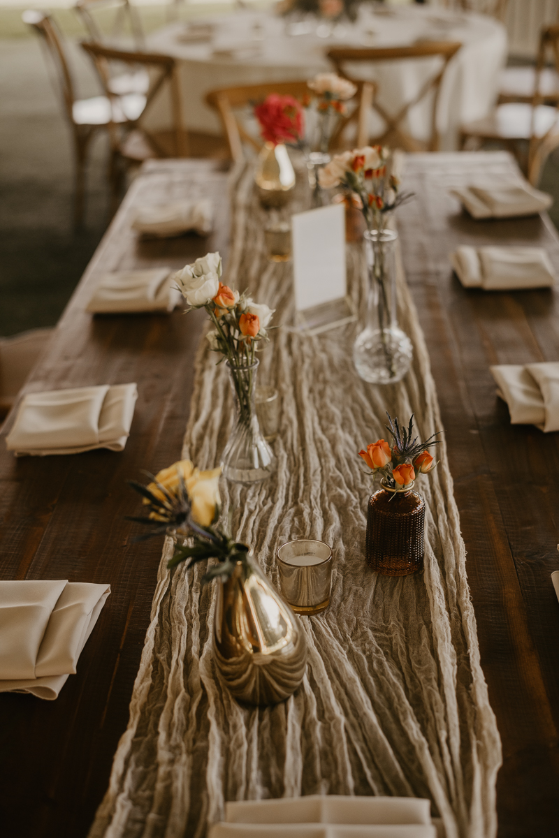 Gorgeous boho country reception decor at Castle Farm in Snow Hill, Maryland by Britney Clause Photography