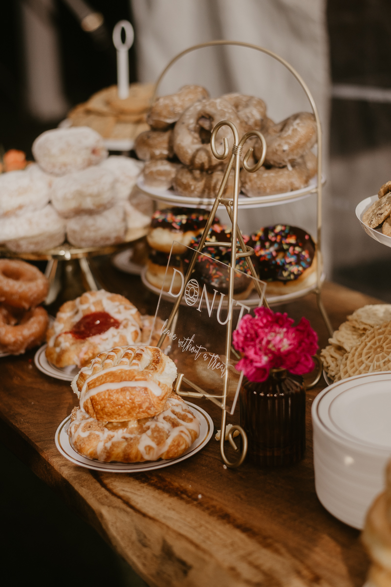 Delicious wedding donut desserts at Castle Farm in Snow Hill, Maryland by Britney Clause Photography
