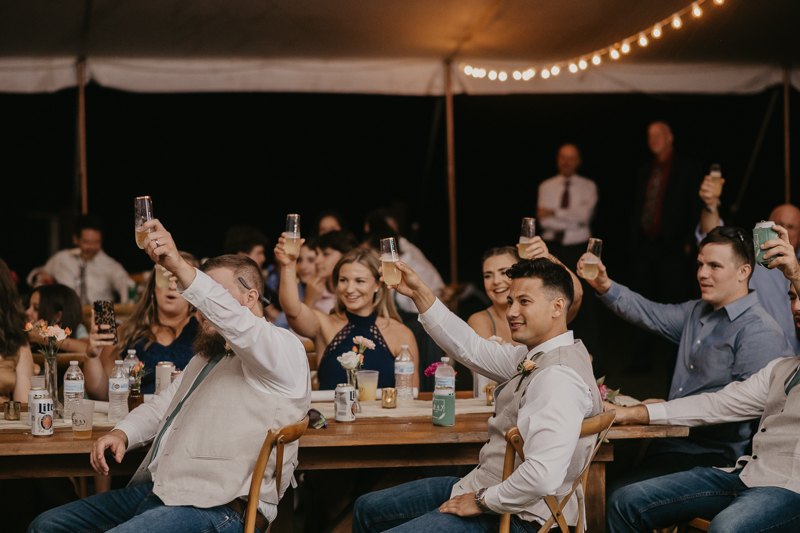 A stunning boho country wedding reception at Castle Farm in Snow Hill, Maryland by Britney Clause Photography