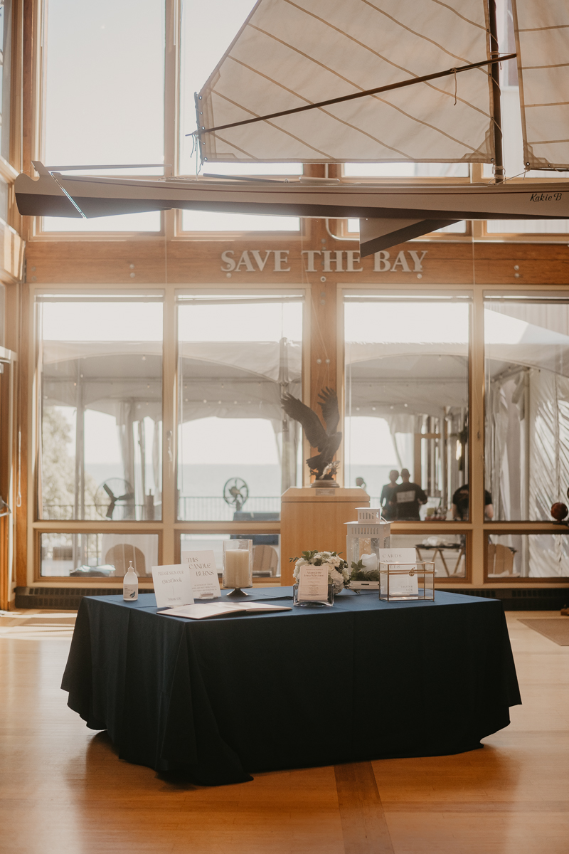 Gorgeous summery waterfront reception decor at the Chesapeake Bay Foundation in Annapolis Maryland by Britney Clause Photography