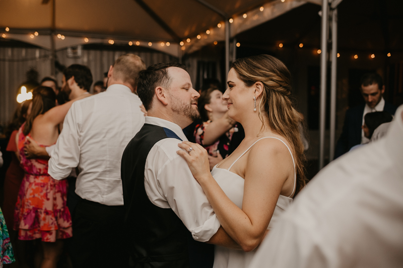 An exciting evening wedding reception by DJ Premonition from Mixing Maryland at the Chesapeake Bay Foundation in Annapolis Maryland by Britney Clause Photography