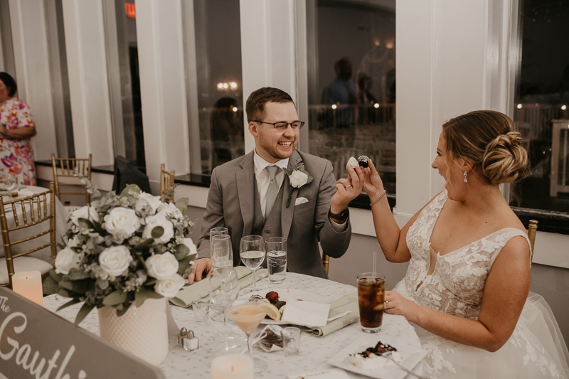 A fun evening wedding reception at Celebrations at the Bay in Pasadena, Maryland by Britney Clause Photography