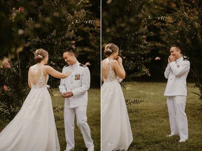 A beautiful first look between a bride and groom at Rose Hill Manor in Leesburg, Virginia by Britney Clause Photography