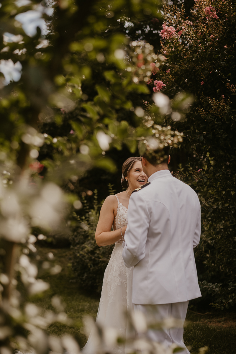 A beautiful first look between a bride and groom at Rose Hill Manor in Leesburg, Virginia by Britney Clause Photography