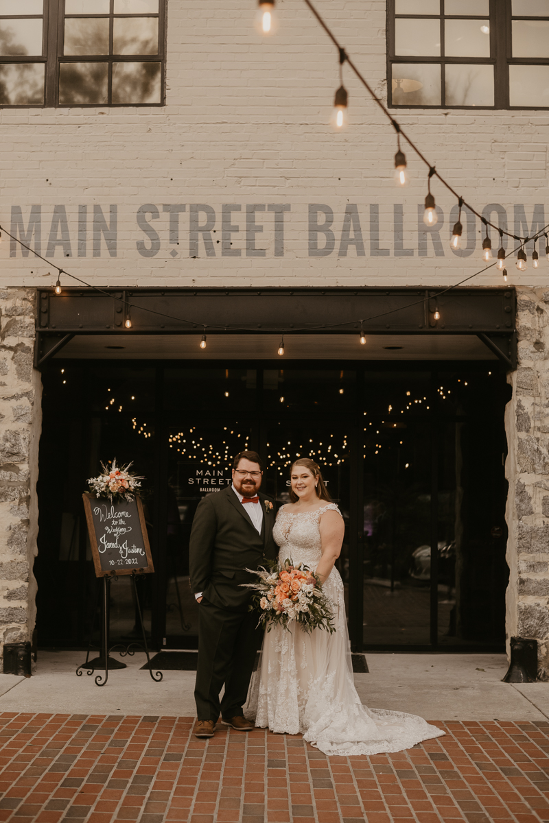 Stunning bride and groom wedding portraits at Main Street Ballroom in Ellicott City, Maryland by Britney Clause Photography