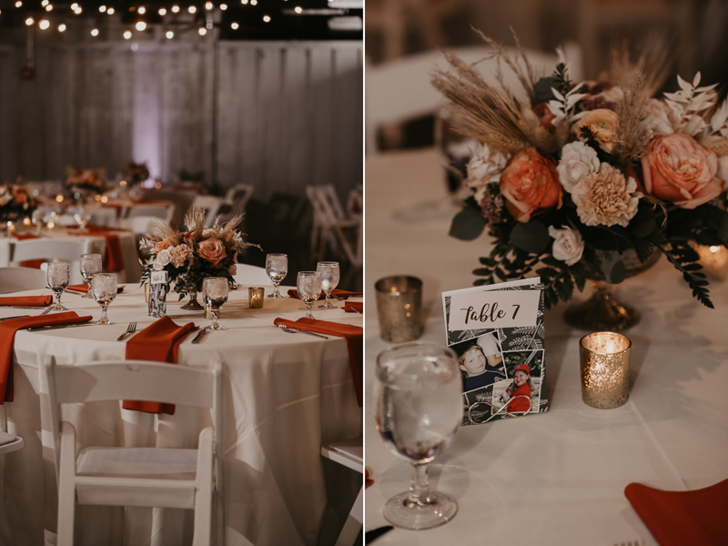 Gorgeous industrial wedding reception decor at Main Street Ballroom in Ellicott City, Maryland by Britney Clause Photography