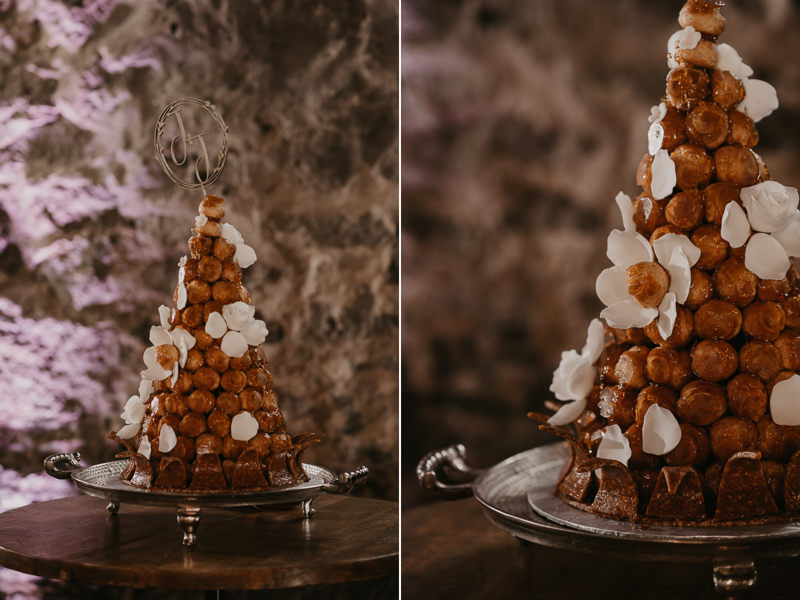 Delicious wedding croquembouche by Patisserie Poupon at Main Street Ballroom in Ellicott City, Maryland by Britney Clause Photography