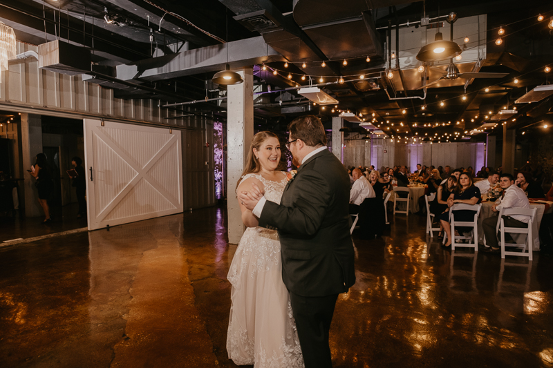 A stunning industrial wedding reception at Main Street Ballroom in Ellicott City, Maryland by Britney Clause Photography