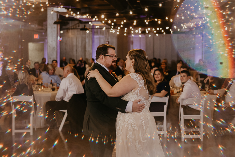 A stunning industrial wedding reception at Main Street Ballroom in Ellicott City, Maryland by Britney Clause Photography