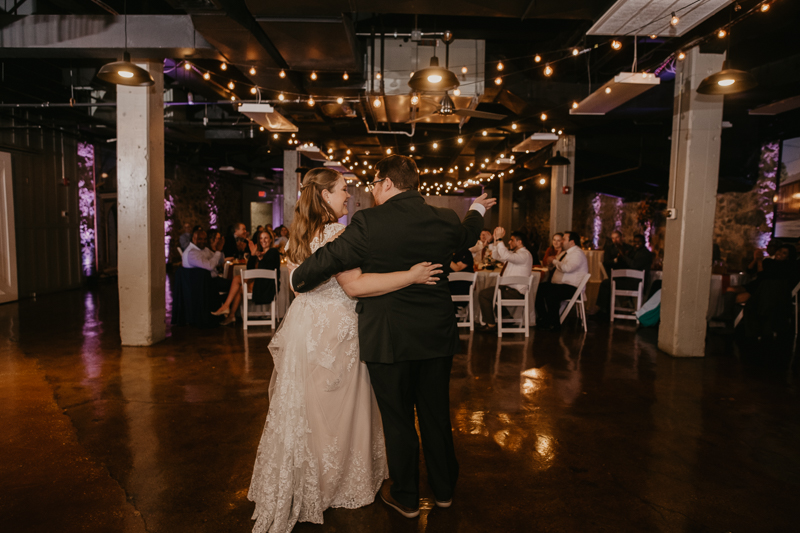 A stunning industrial wedding reception at Main Street Ballroom in Ellicott City, Maryland by Britney Clause Photography