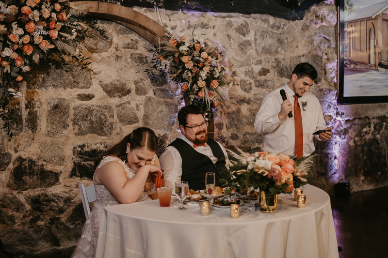 A stunning industrial wedding reception at Main Street Ballroom in Ellicott City, Maryland by Britney Clause Photography