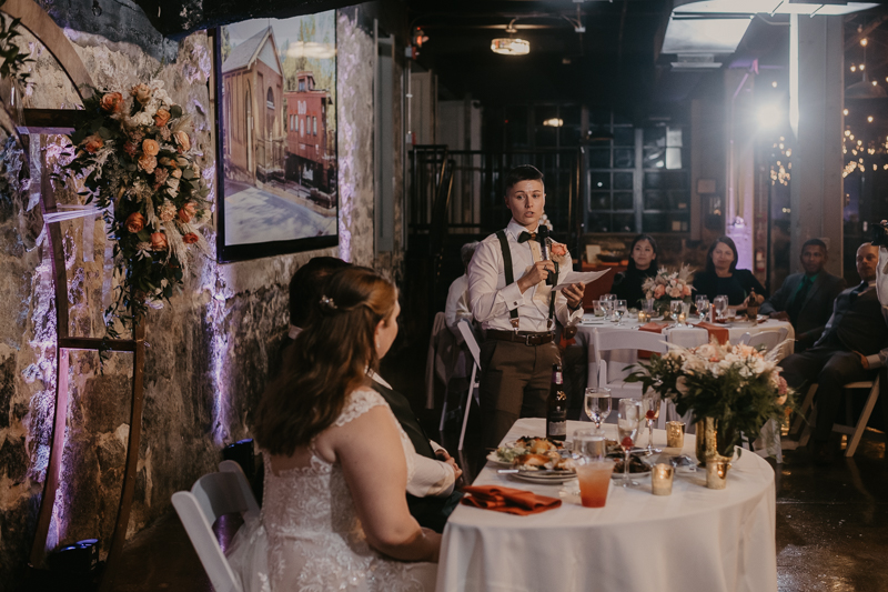 A stunning industrial wedding reception at Main Street Ballroom in Ellicott City, Maryland by Britney Clause Photography