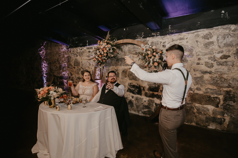 A stunning industrial wedding reception at Main Street Ballroom in Ellicott City, Maryland by Britney Clause Photography