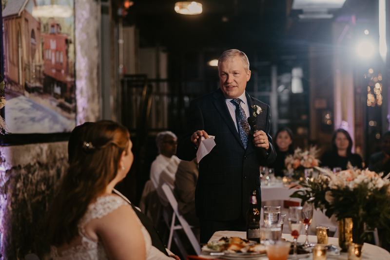 A stunning industrial wedding reception at Main Street Ballroom in Ellicott City, Maryland by Britney Clause Photography