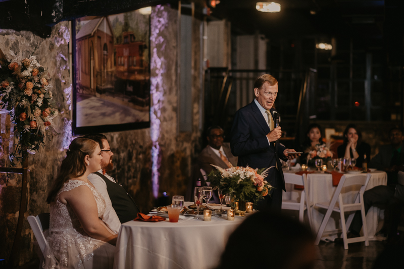 A stunning industrial wedding reception at Main Street Ballroom in Ellicott City, Maryland by Britney Clause Photography