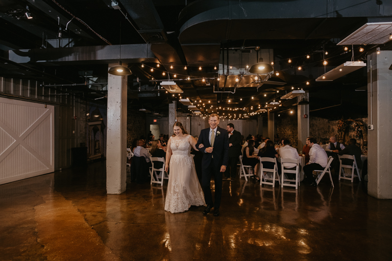 A stunning industrial wedding reception at Main Street Ballroom in Ellicott City, Maryland by Britney Clause Photography