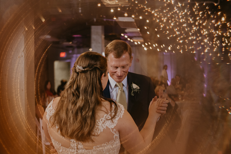 A stunning industrial wedding reception at Main Street Ballroom in Ellicott City, Maryland by Britney Clause Photography