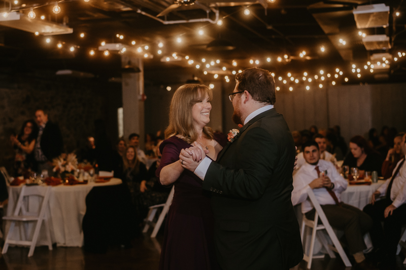 A stunning industrial wedding reception at Main Street Ballroom in Ellicott City, Maryland by Britney Clause Photography