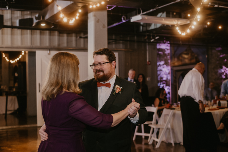 A stunning industrial wedding reception at Main Street Ballroom in Ellicott City, Maryland by Britney Clause Photography