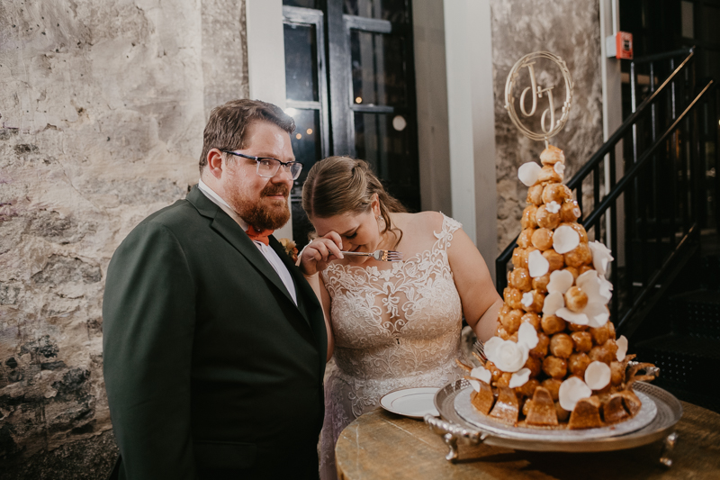 A stunning industrial wedding reception at Main Street Ballroom in Ellicott City, Maryland by Britney Clause Photography