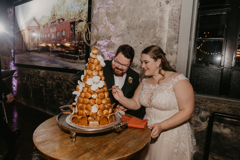 A stunning industrial wedding reception at Main Street Ballroom in Ellicott City, Maryland by Britney Clause Photography