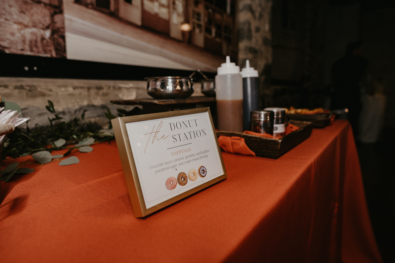 A fun donut bar by Zeffert and Gold Catering at Main Street Ballroom in Ellicott City, Maryland by Britney Clause Photography