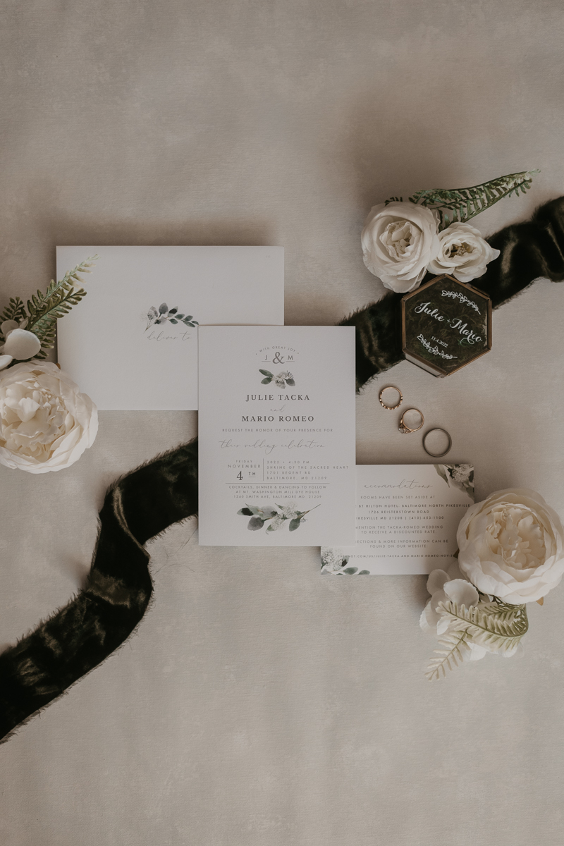 Gorgeous flower wedding details at the Double Tree Hilton Hotel Baltimore for a Mt. Washington Mill Dye House in Baltimore, Maryland by Britney Clause Photography
