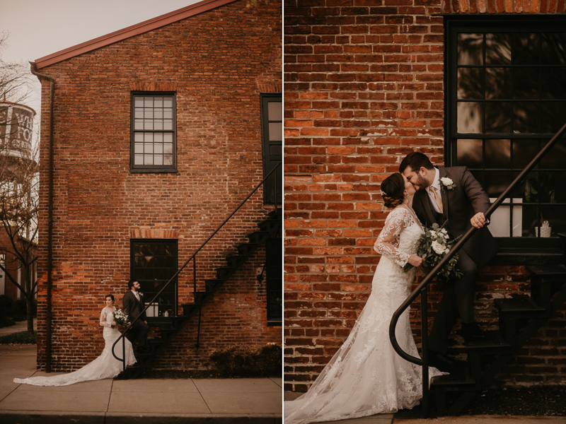 Stunning bride and groom wedding portraits at the Mt. Washington Mill Dye House in Baltimore, Maryland by Britney Clause Photography